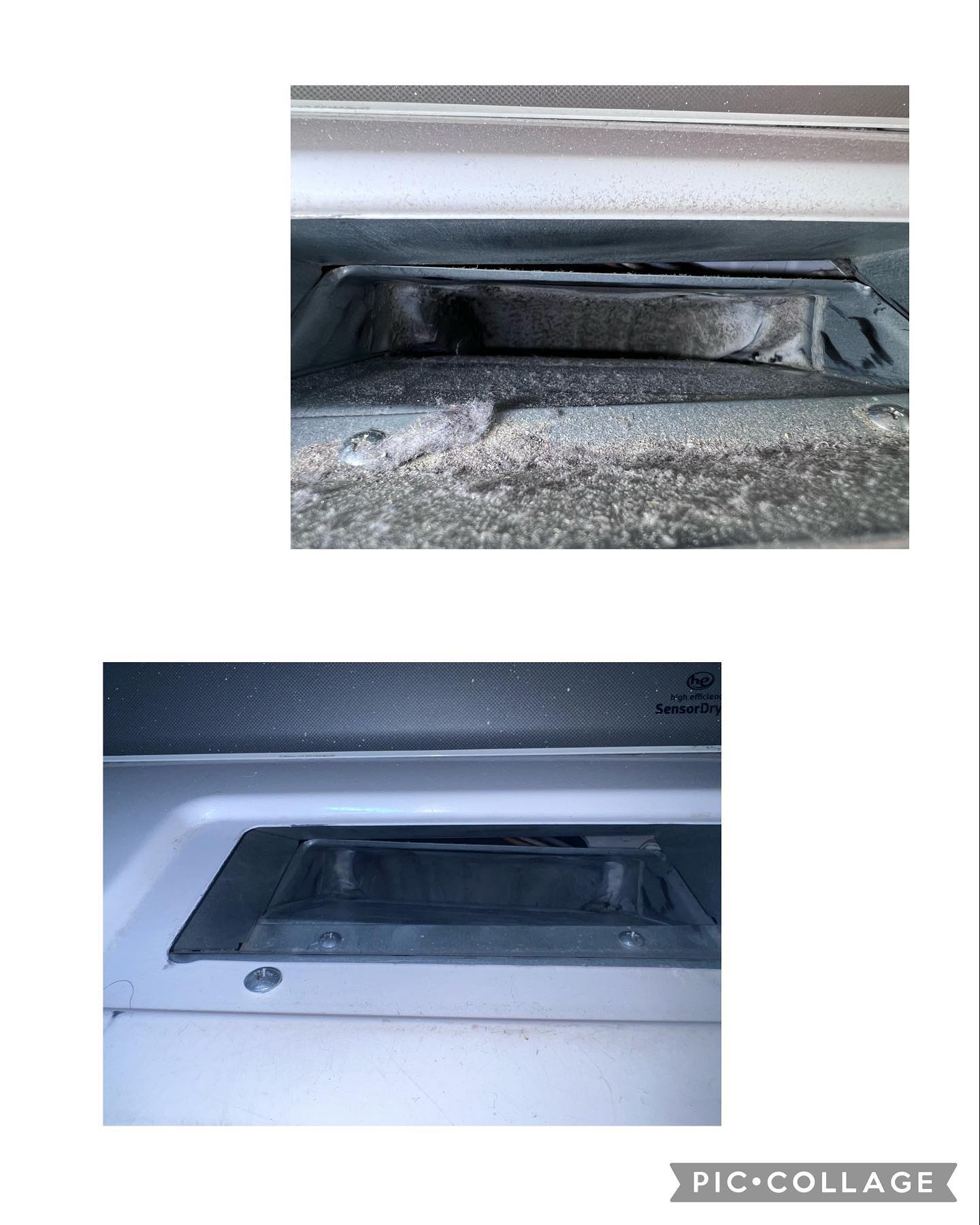 Before and after of a dryer vent: lint-packed vent above, clean lint trap door below