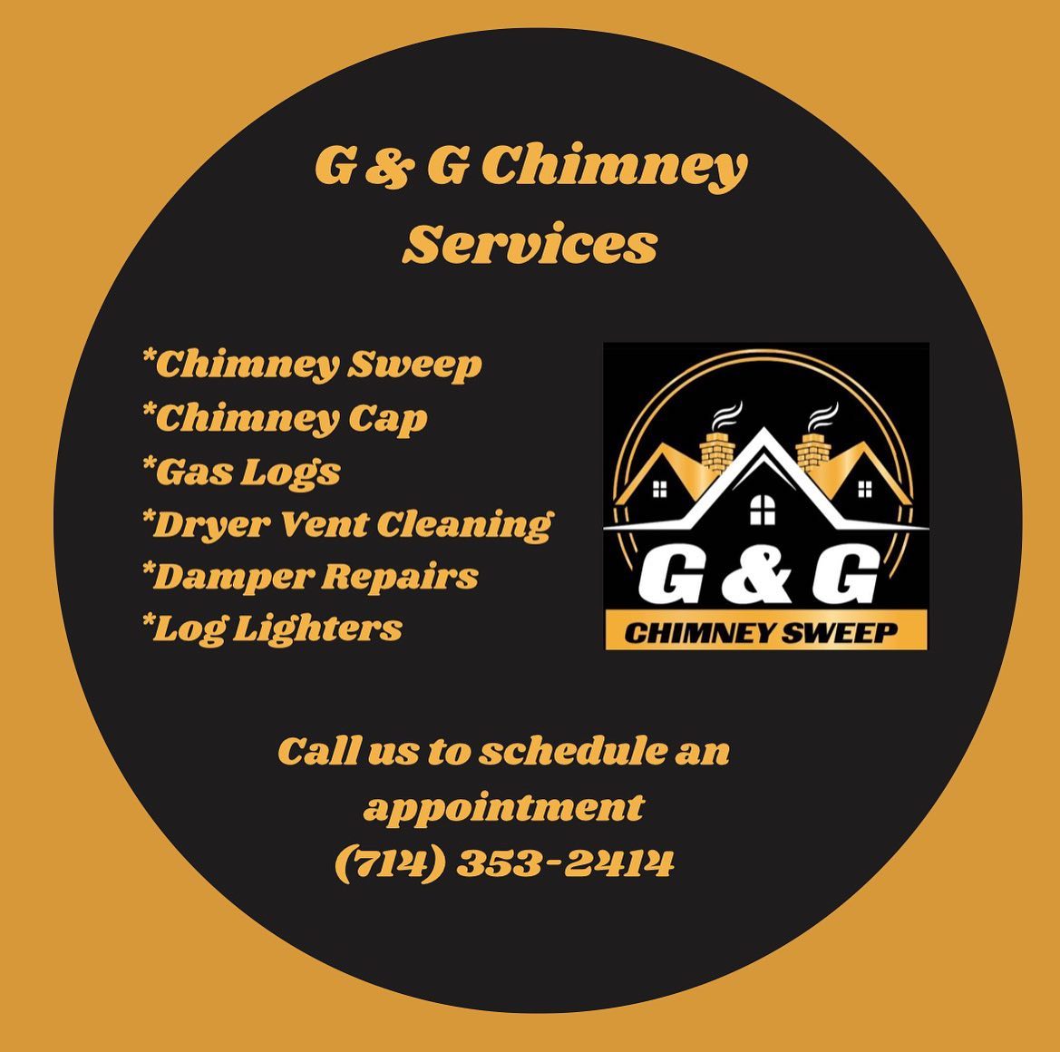 G and G Chimney Services flyer listing chimney sweep, chimney cap, gas logs, dryer vent cleaning, damper repairs, and log lighters